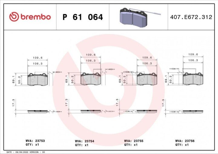 Комплект тормозных колодок, дисковый тормоз BREMBO P 61 064 (фото 1)