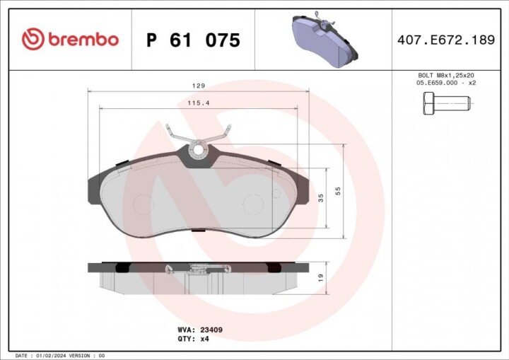 Комплект гальмівних колодок, дискове гальмо BREMBO P 61 075 (фото 1)