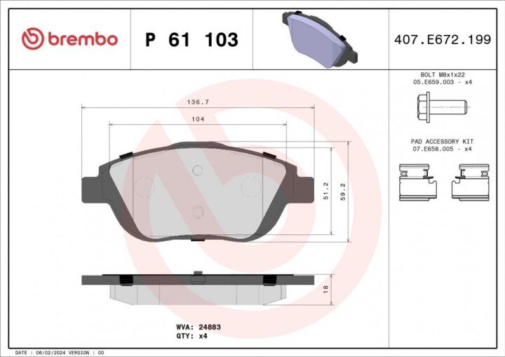 Комплект тормозных колодок, дисковый тормоз BREMBO P 61 103 (фото 1)