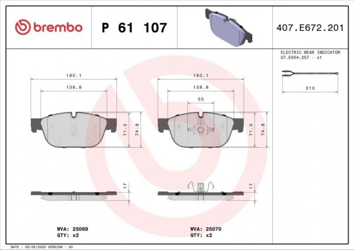 Комплект тормозных колодок, дисковый тормоз BREMBO P 61 107 (фото 1)