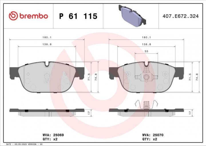 Комплект тормозных колодок, дисковый тормоз BREMBO P 61 115 (фото 1)