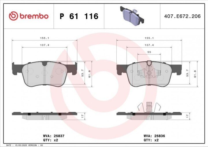 Комплект гальмівних колодок, дискове гальмо BREMBO P 61 116 (фото 1)