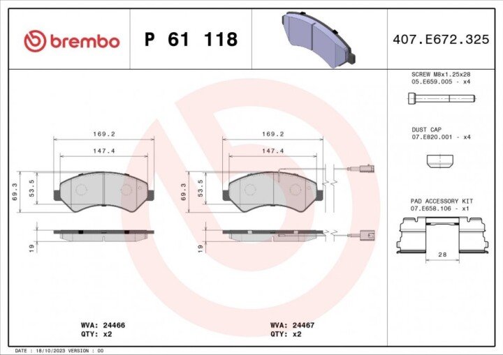 Комплект гальмівних колодок, дискове гальмо BREMBO P 61 118 (фото 1)