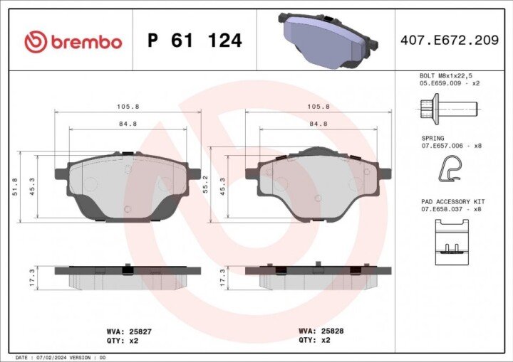 Комплект гальмівних колодок, дискове гальмо BREMBO P 61 124 (фото 1)