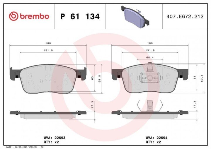 Гальмівні дискові колодки. BREMBO P61 134 (фото 1)