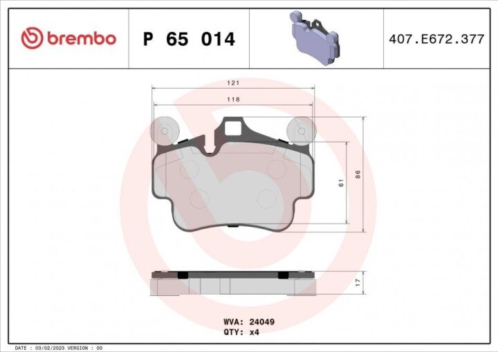 Комплект гальмівних колодок, дискове гальмо BREMBO P 65 014 (фото 1)