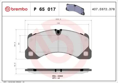 Комплект тормозных колодок, дисковый тормоз BREMBO P 65 017