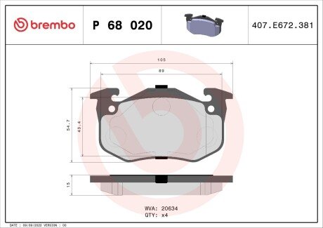 Комплект гальмівних колодок, дискове гальмо BREMBO P 68 020