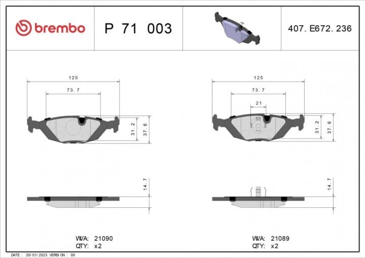 Гальмівні колодки BREMBO P 71 003 (фото 1)