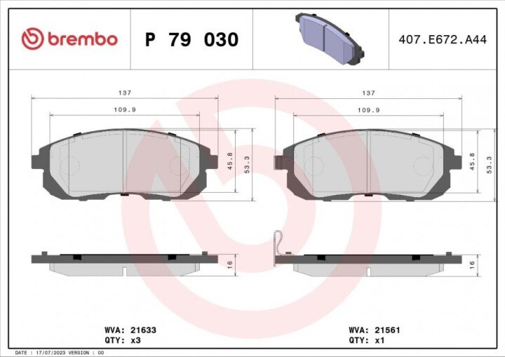 Комплект тормозных колодок, дисковый тормоз BREMBO P 79 030 (фото 1)