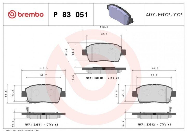 Комплект гальмівних колодок, дискове гальмо BREMBO P 83 051 (фото 1)