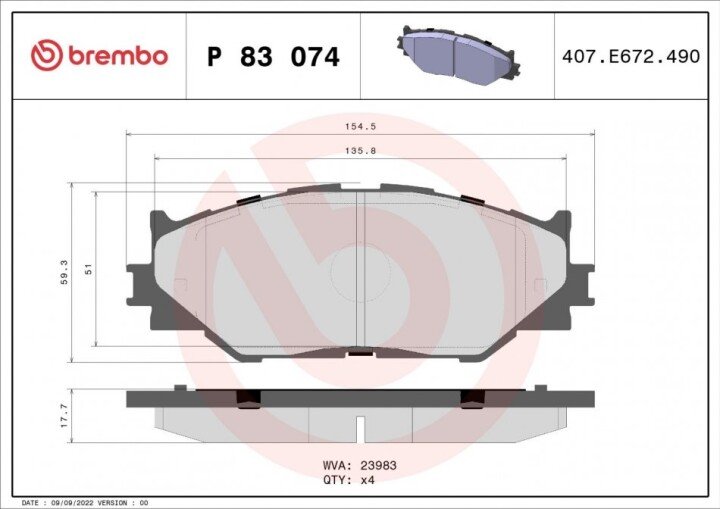 Гальмівні дискові колодки. BREMBO P83074 (фото 1)