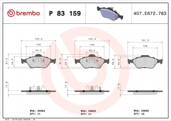 Комплект гальмівних колодок, дискове гальмо BREMBO P 83 159 (фото 1)