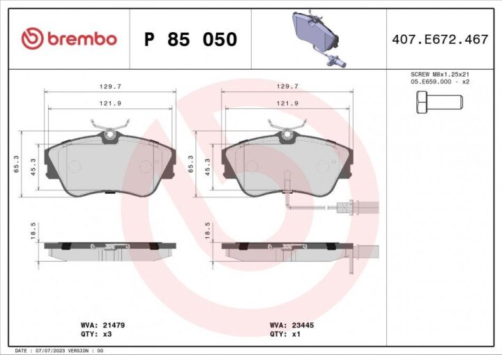 Комплект гальмівних колодок, дискове гальмо BREMBO P 85 050 (фото 1)