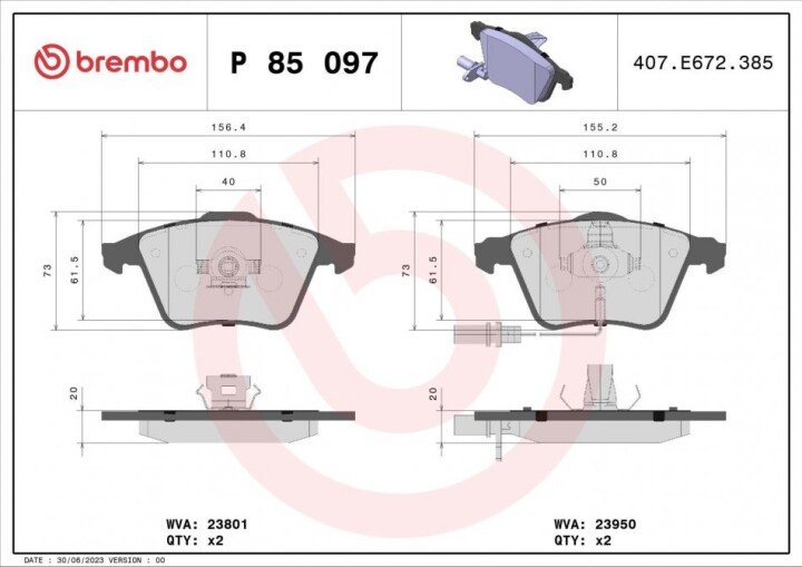 Комплект тормозных колодок, дисковый тормоз BREMBO P 85 097 (фото 1)