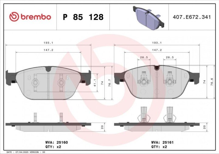 Комплект гальмівних колодок, дискове гальмо BREMBO P 85 128 (фото 1)