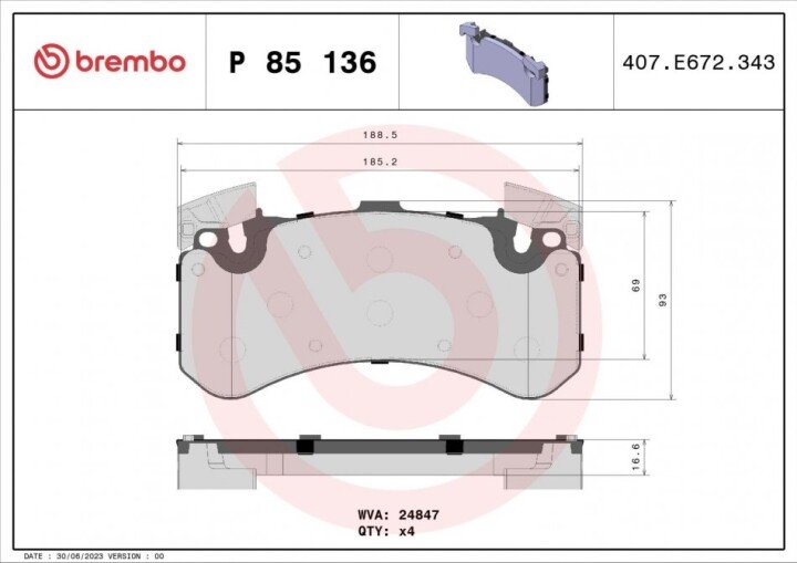 Комплект гальмівних колодок, дискове гальмо BREMBO P 85 136 (фото 1)