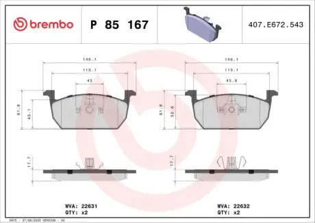 Тормозные колодки BREMBO P 85 167