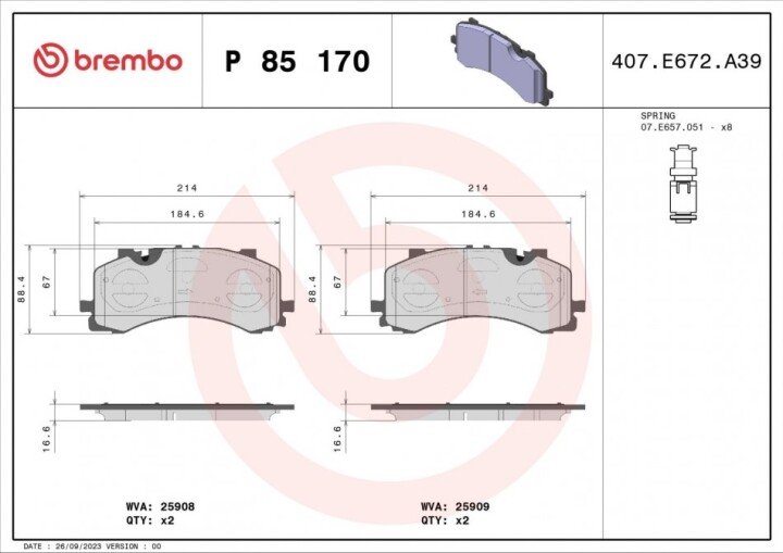 Комплект гальмівних колодок, дискове гальмо BREMBO P 85 170 (фото 1)