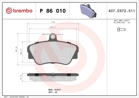 Комплект тормозных колодок, дисковый тормоз BREMBO P 86 010