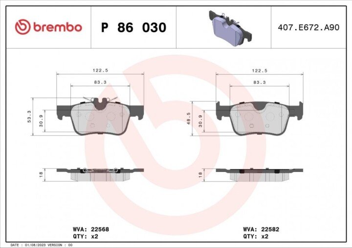 Комплект гальмівних колодок, дискове гальмо BREMBO P 86 030 (фото 1)