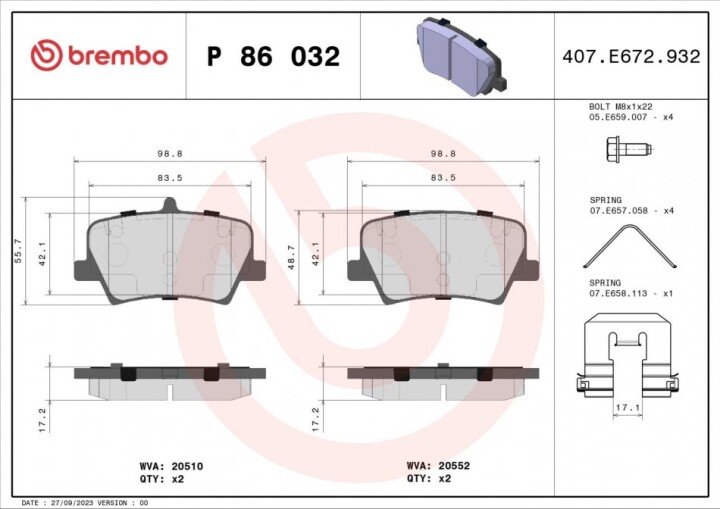 Гальмівні колодки BREMBO P 86 032 (фото 1)