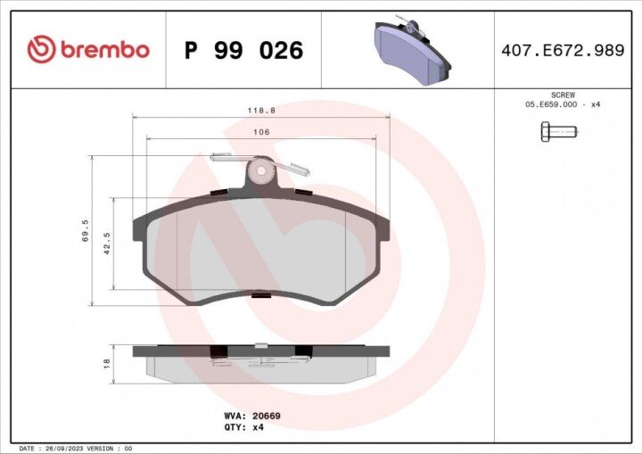 Комплект тормозных колодок, дисковый тормоз BREMBO P 99 026 (фото 1)