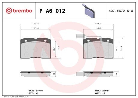 Комплект тормозных колодок, дисковый тормоз BREMBO P A6 012