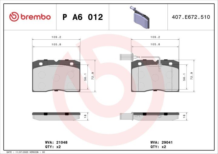 Комплект гальмівних колодок, дискове гальмо BREMBO P A6 012 (фото 1)