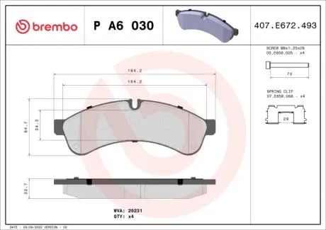 Комплект гальмівних колодок, дискове гальмо BREMBO P A6 030
