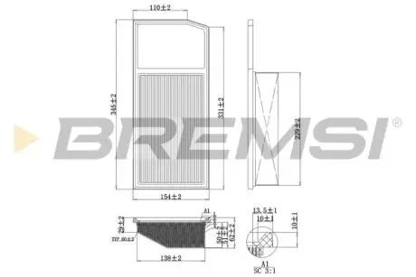 Фильтр воздушный citroen nemo/peugeot bipper 1.3hdi 10-/opel combo 1.3cdti 12-/fiat doblo 1.3d 16- BREMSI FA0206