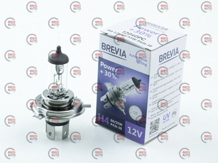 Автолампа power+30% h4 p43t 55 w 60 w прозрачная BREVIA 12040PC (фото 1)