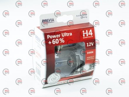Автолампа power ultra+60% h4 p43t 55 w 60 w прозрачно-голубая BREVIA 12040PUS