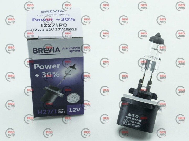 Автолампа power+30% h27/1 pg13 27 w 1 w прозрачная BREVIA 12271PC (фото 1)