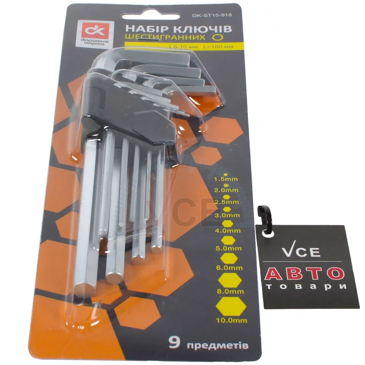 Фото 1 - Набор шестигранных ключей 9 пр., 1.5–10 мм, l=180 мм. DK DK-ST15-918 Набор шестигранных ключей 9 пр., 1.5–10 мм, l=180 мм. DK DK-ST15-918 (фото 1)