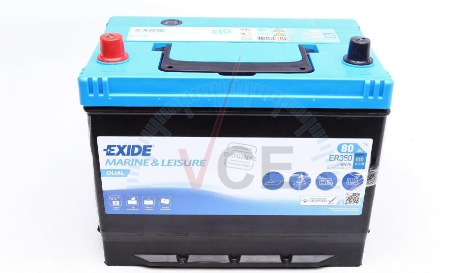 ER350 EXIDE Аккумуляторная батарея 80ah/510a (260x175x225/+l/b13) (dual/для  водного транспорта) купить в интернет магазине запчастей VCE