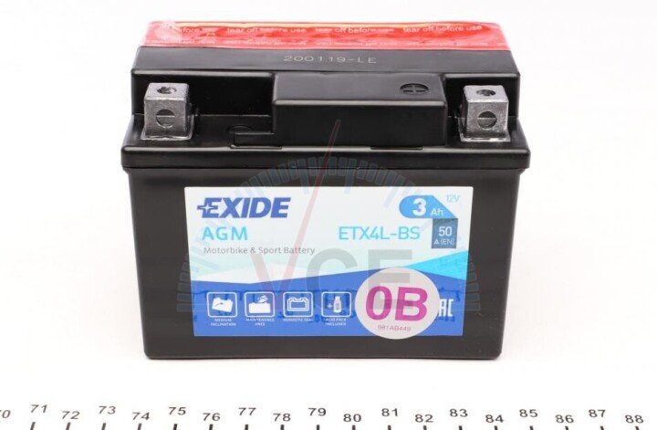 Аккумулятор 3Ah-12v EN50 AGM, R EXIDE ETX4L-BS (фото 1)