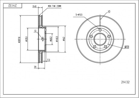 Диск гальмівний пер. VW Passat (96-08), Skoda Superb, (288mmx25mm) Hart 214 132