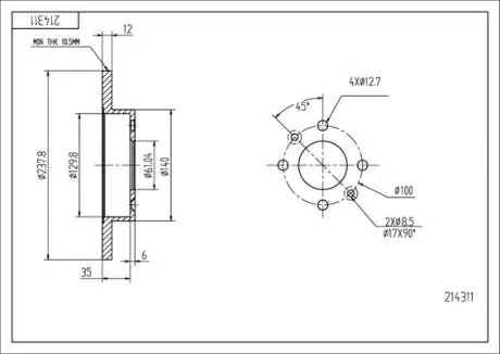 Диск тормозной Dacia Logan, Sandero, Clio II, Megane I (без ABS) (d238x12mm) Hart 214 311