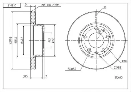 Диск тормозной пер. Fiat Ducato, Peugeot Boxer (94-06), (280mmx24mm) Hart 215 645