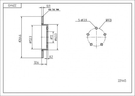 Диск тормозной зад. Мазда 3 (03-14), Мазда 5 (05->) (265x11) Hart 221 445