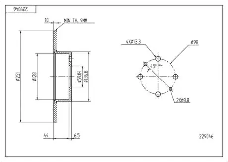 Диск тормозной зад. Fiat Bravo II, Croma, Multipla, Alfa Romeo 164 (251mm10mm) Hart 229 046