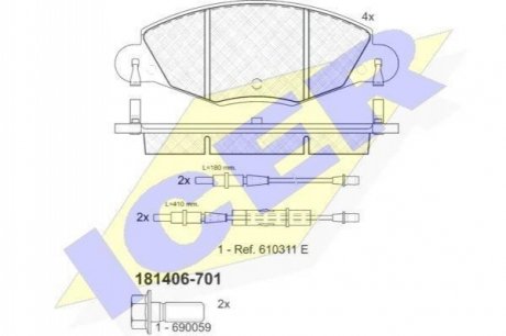 Комплект гальмівних колодок, дисковий гальмо ICER 181406-701