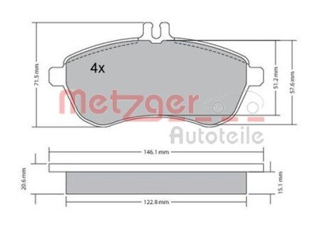 Комплект гальмівних колодок, дискове гальмо METZGER 1170046