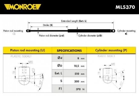 Газова пружина, кришка багажник MONROE ML5370