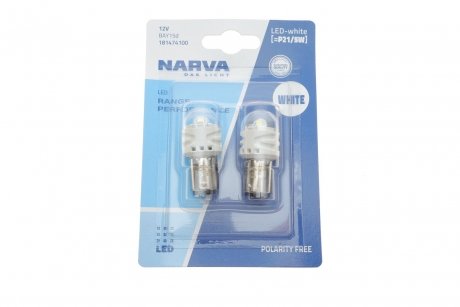 Лампа светодиодная p21/5w white led range performance 2.4/0.48w bay15d (блистер 2шт) (выр-во) NARVA 181474100