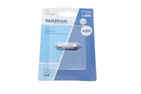 Автолампа 12v 0,6w sv8.5 (9.8x38mm) festoon (led) (blister/1шт) (6000k) NARVA 181714000