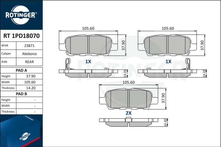 Колодки тормозные дисковые комплект ROTINGER RT1PD18070 (фото 1)