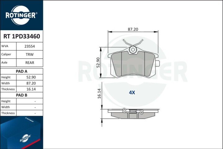 Колодки гальмівні дискові комплект ROTINGER RT1PD33460 (фото 1)