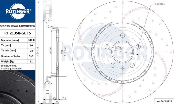 Диск тормозной с перфорацией и слотированием с графитовым покрытием. ROTINGER RT21358-GLT5 (фото 1)